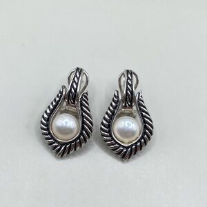 Sterling Silver Cable Design Pearl Earrings